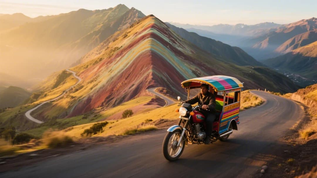 Mototaxi ascendiendo por camino montañoso hacia la Montaña de 7 Colores en Perú