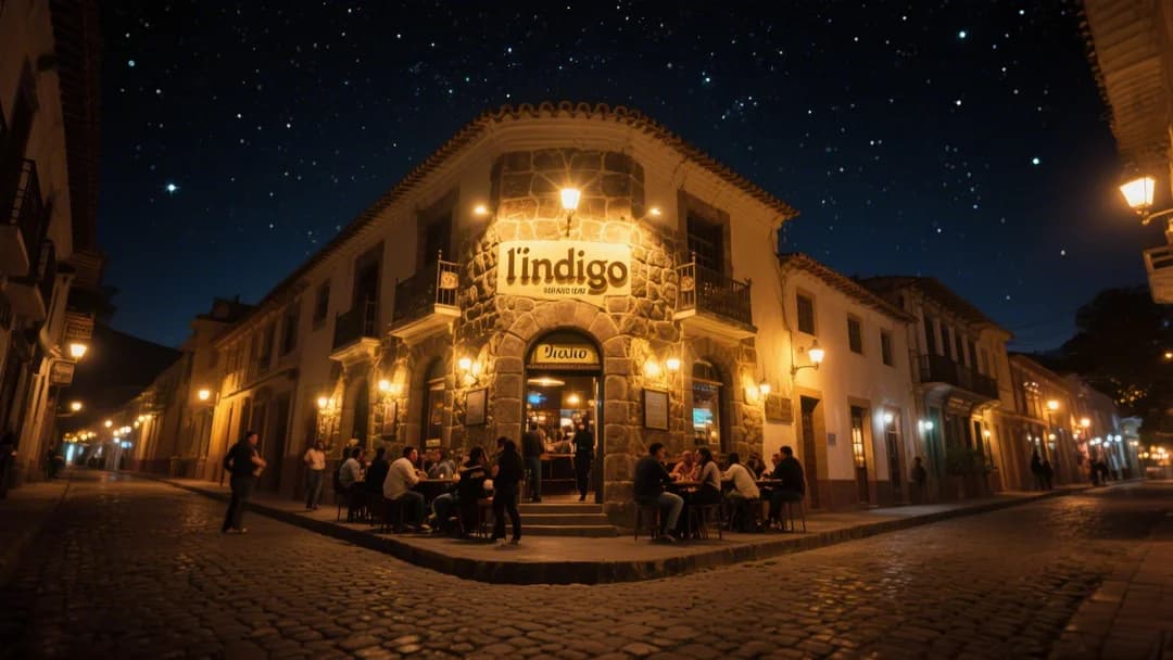 Fachada de Índigo Bar en Cusco de noche, iluminada con luces cálidas y ambiente acogedor.