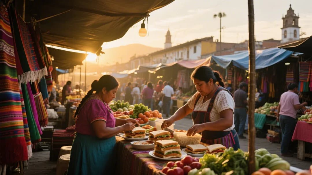 Vista panorámica del mercado de San Blas en Cusco con puestos de comida tradicional