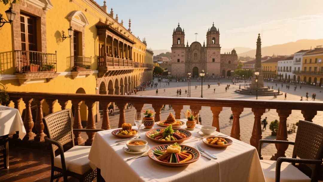 Vista panorámica de la Plaza de Armas de Cusco desde un restaurante con terraza