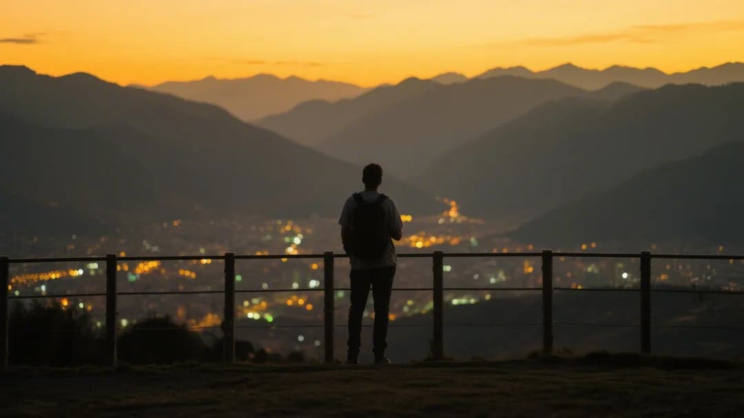 Persona contemplando la vista de Cusco desde el mirador de San Cristóbal al atardecer.