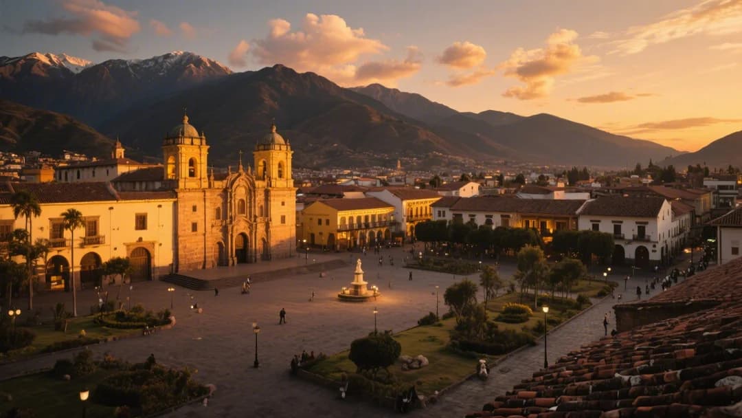 Vista panorámica de la ciudad de Cusco al atardecer desde el mirador de San Cristóbal.
