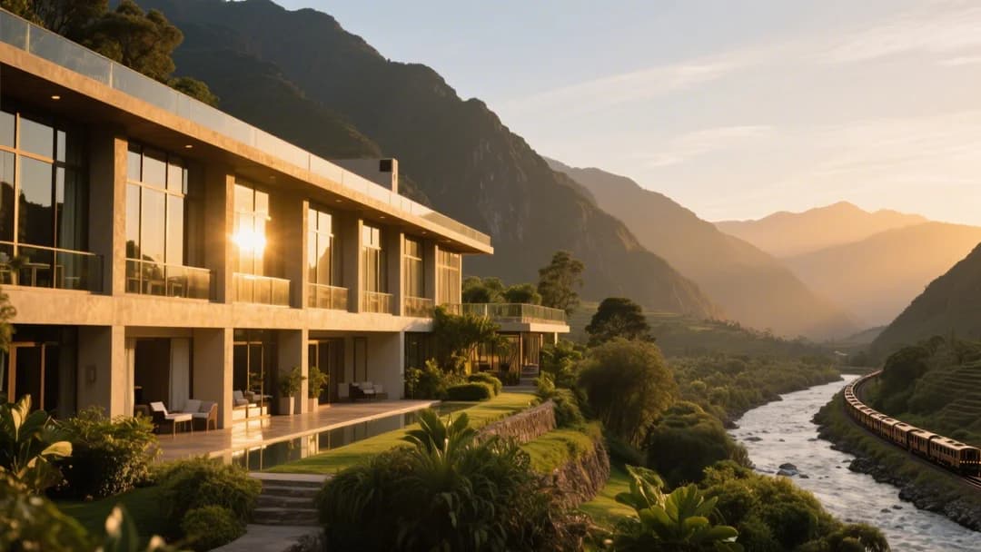 Vista panorámica del hotel Casa Andina Standard en Machu Picchu Pueblo con el río Vilcanota y montañas de fondo