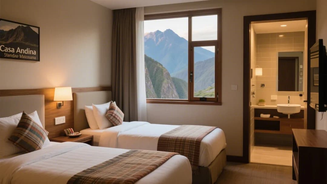 Habitación triple en Hotel Casa Andina Standard Machu Picchu con camas cómodas y decoración andina moderna