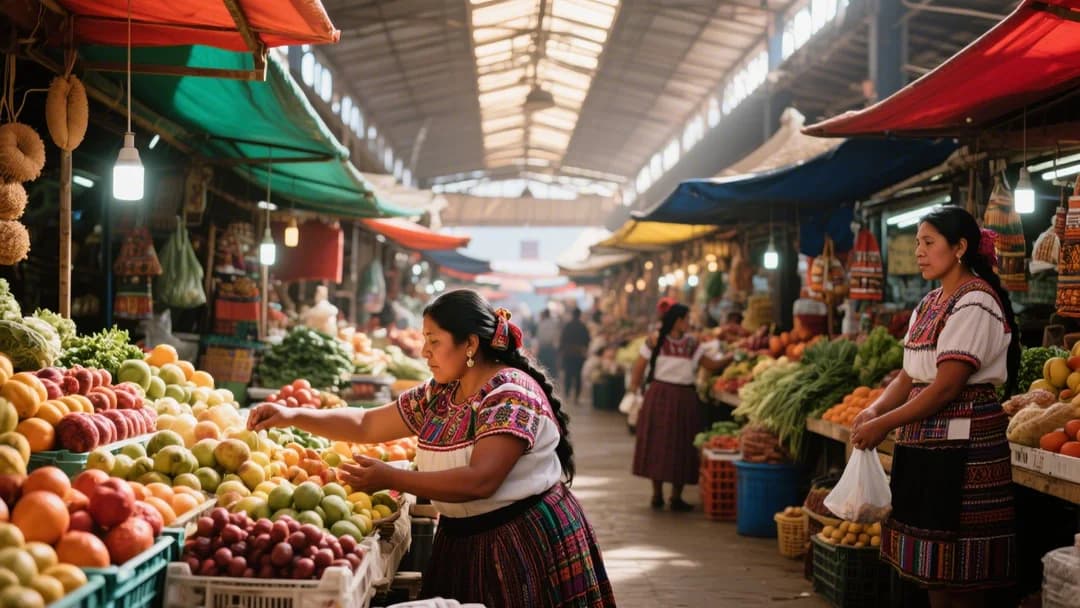 Interior colorido del mercado San Pedro en Cusco con puestos de frutas y comida típica.