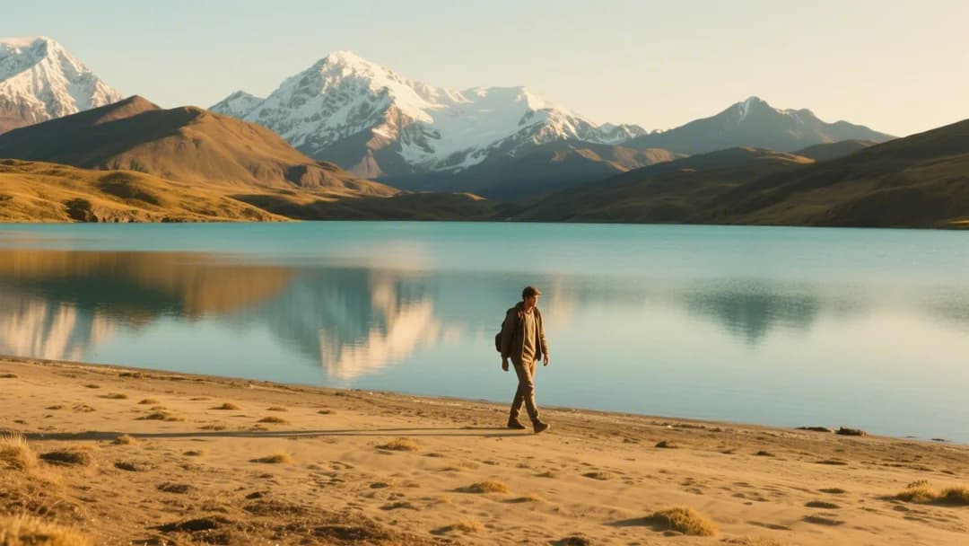 Persona caminando junto a la orilla de la laguna Singrenacocha con montañas al fondo