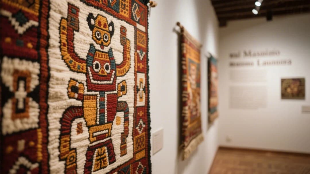 Interior del Museo Maximo Laura mostrando coloridos tapices de lana de alpaca.