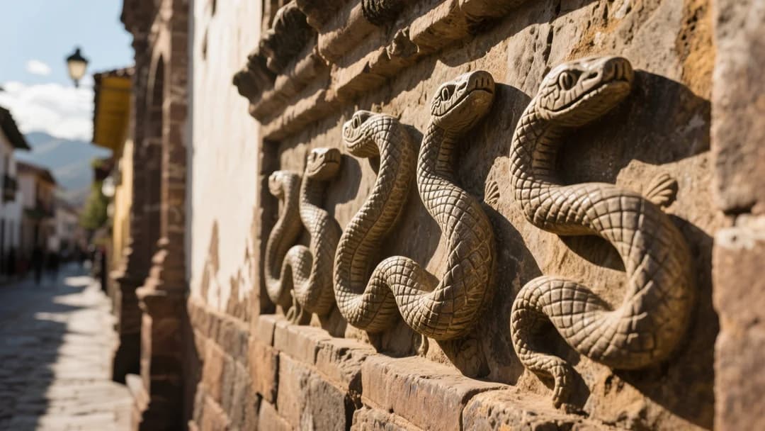 Detalle de las siete culebras talladas en piedra en una calle de Cusco.