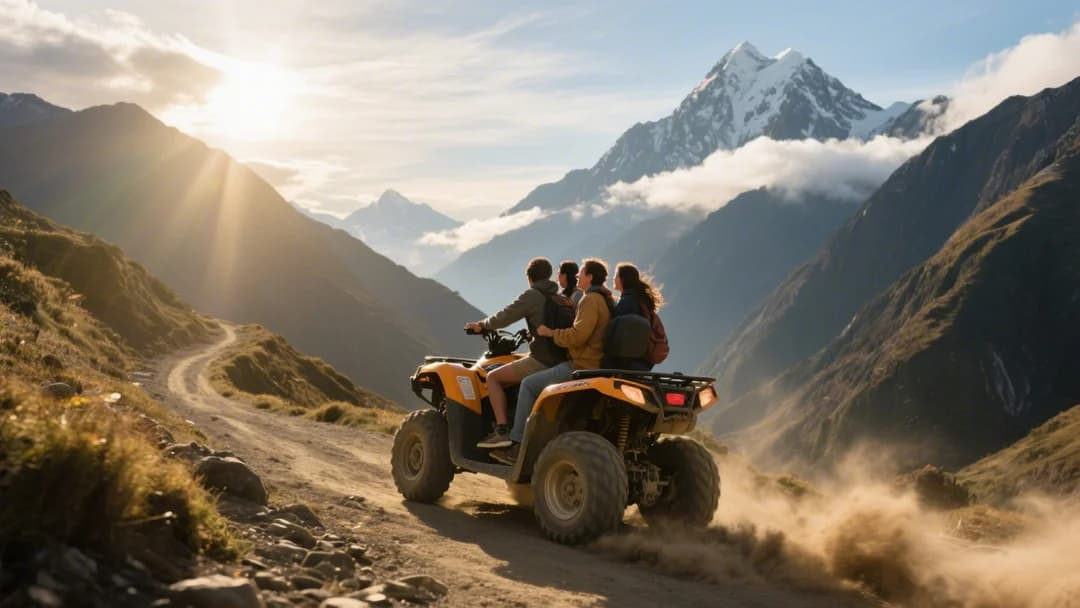 Grupo de turistas en cuatrimotos ascendiendo hacia la Montaña de 7 Colores en Cusco.