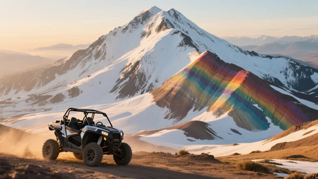 Vista panorámica de la Montaña de 7 Colores en Cusco con nieve, vista desde una cuatrimoto.