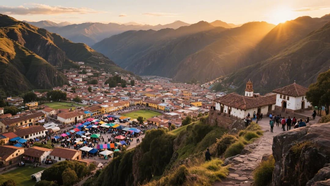 Vista panorámica del pueblo de Pisac con sus calles pintorescas y montañas al fondo.
