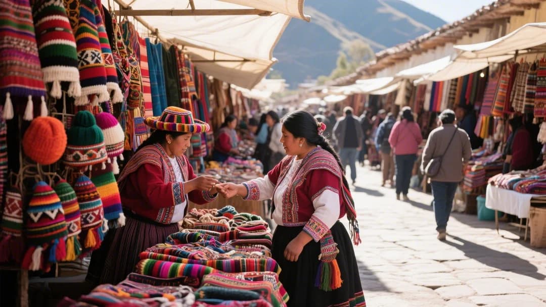 Mercado artesanal de Pisac lleno de colores y textiles tradicionales.