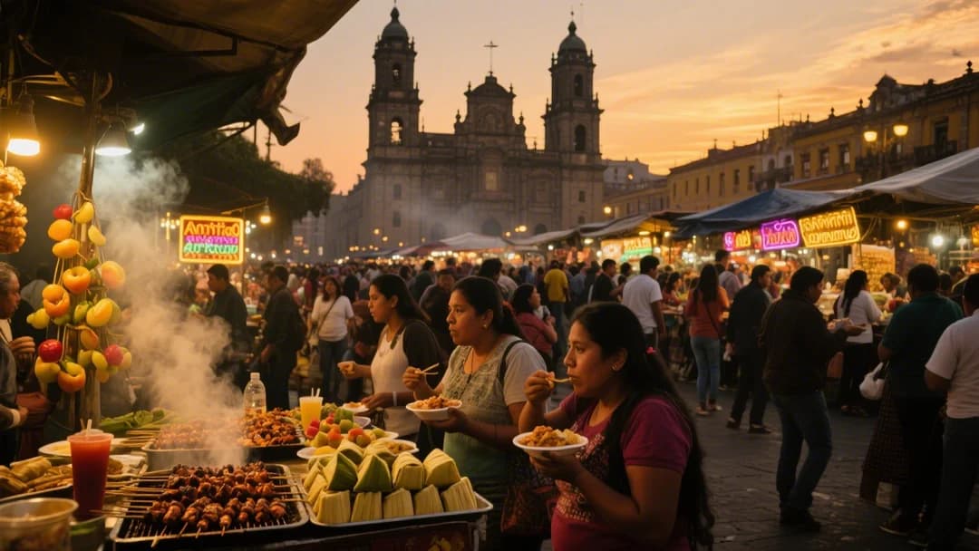 Puestos de comida callejera en Cusco con tamales, anticuchos y emolientes frutados