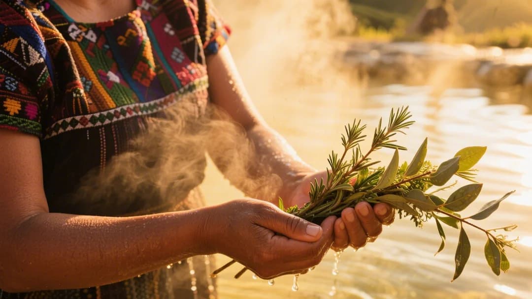 Personas disfrutando de las aguas termales de Ocobamba con hierbas aromáticas en las manos.