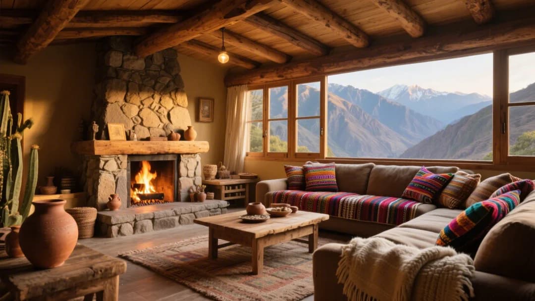Interior acogedor de Villa del Apu con chimenea y decoración rústica