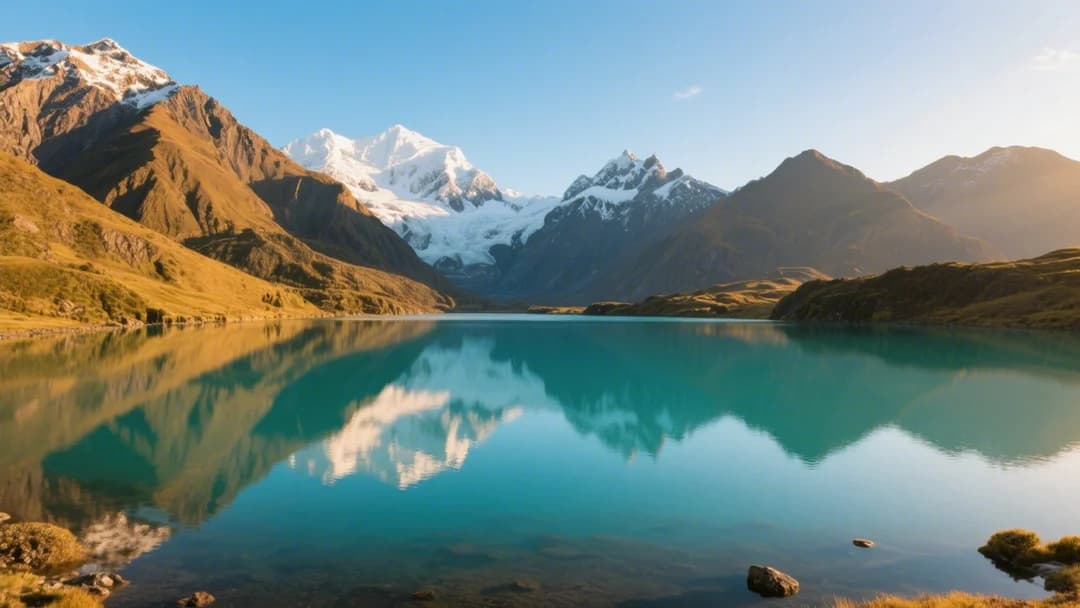 Vista panorámica de la Laguna Humantay en Cusco con aguas turquesas y montañas nevadas de fondo.