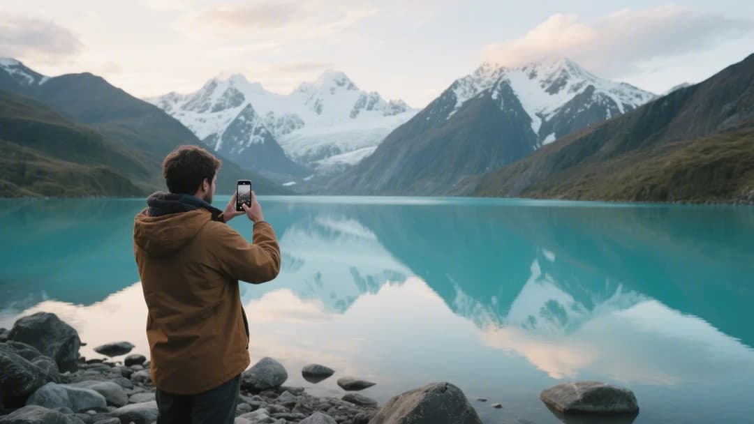 Turista tomando fotos de la Laguna Humantay con un teléfono móvil.