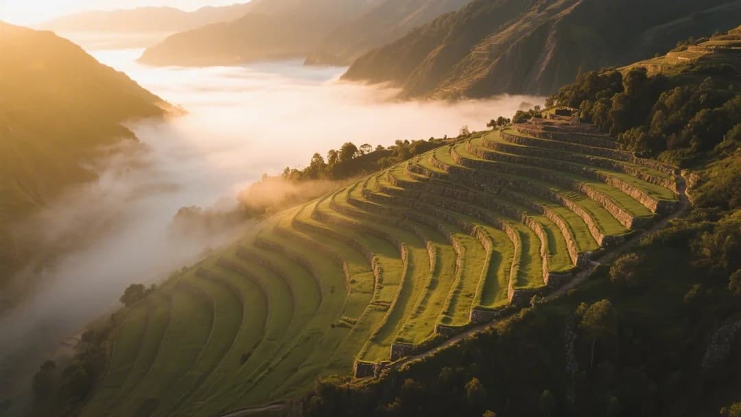 Vista de las terrazas incas de Kallachaca al amanecer