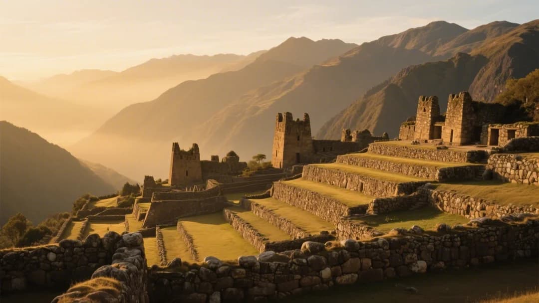 Vista panorámica del complejo arqueológico de Kallachaca en Cusco al atardecer
