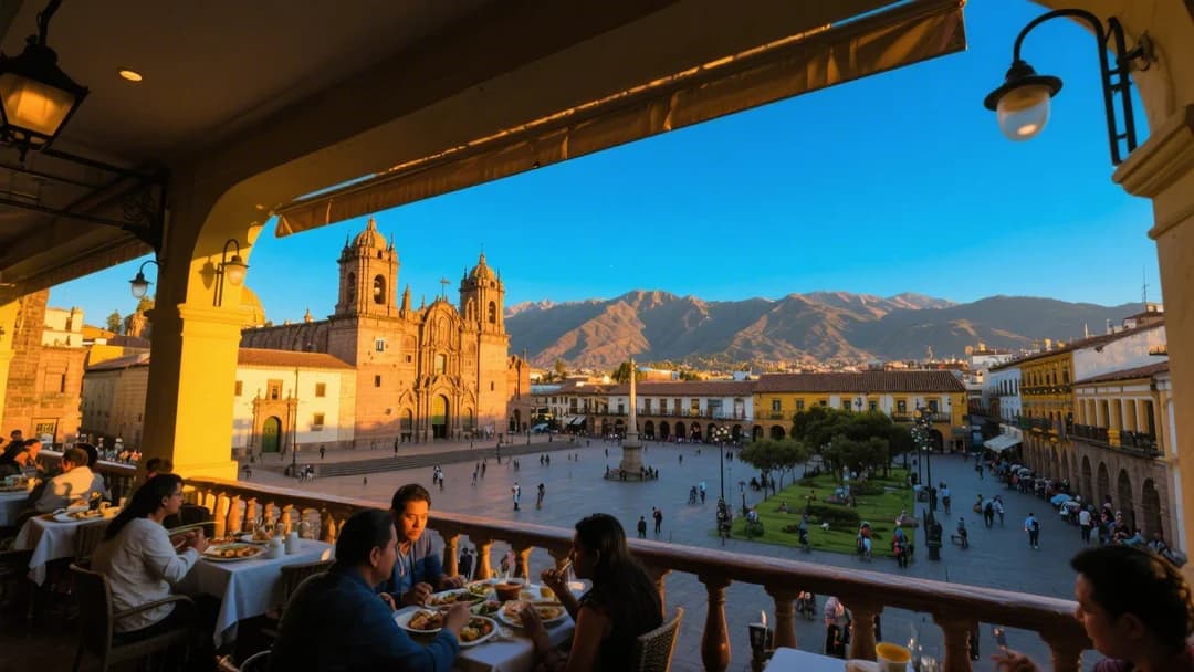 Vista panorámica de la Plaza de Armas de Cusco desde un restaurante con terraza.
