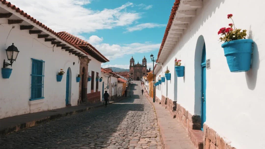 Vista panorámica de la Calle Resbalosa en Cusco con sus paredes blancas y macetas celestes.