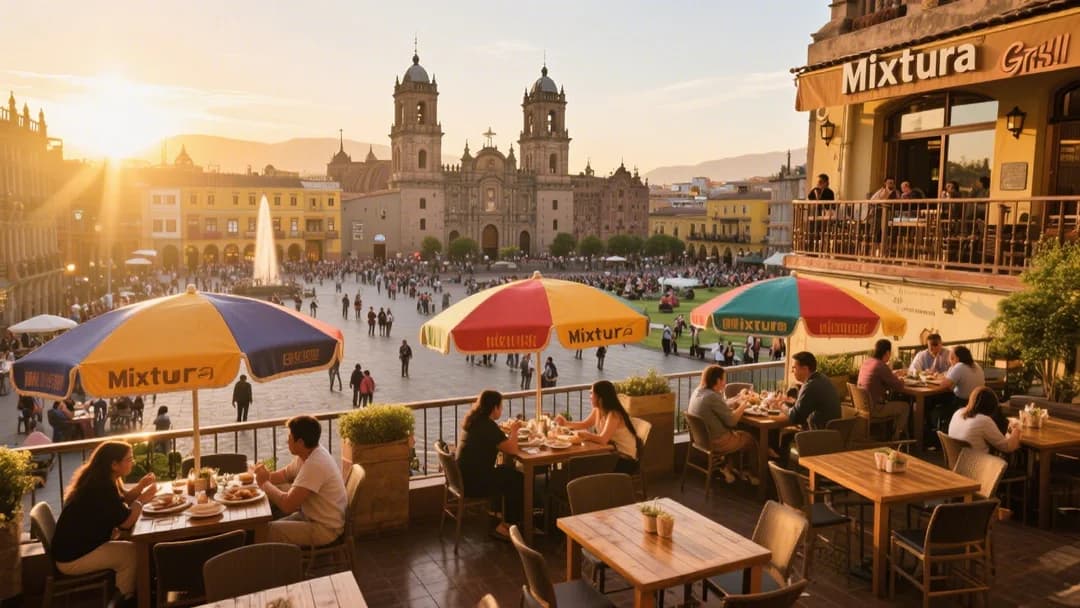 Terraza del Mixtura Grill con vista a la Plaza de Armas de Cusco.