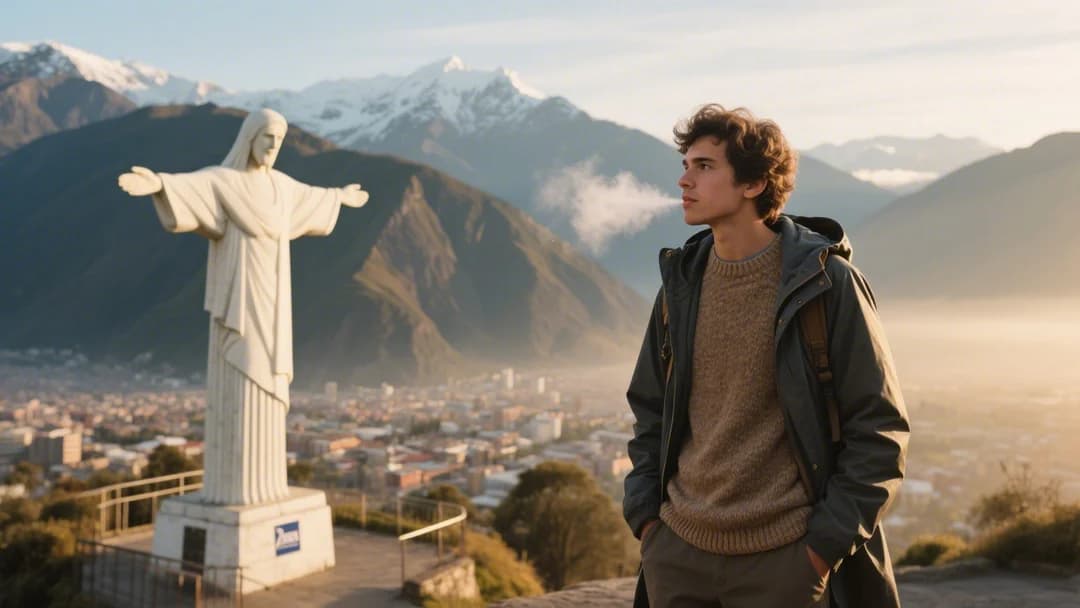 Turista abrigado disfrutando de la vista en Cusco con montañas de fondo