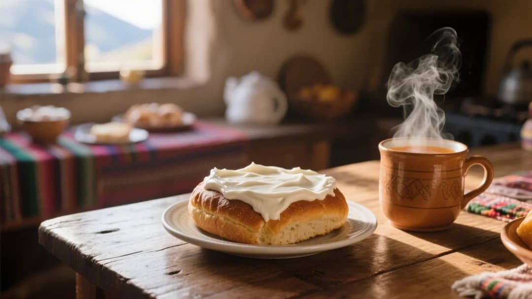 Desayuno tradicional cusqueño con pan con nata y ponche caliente