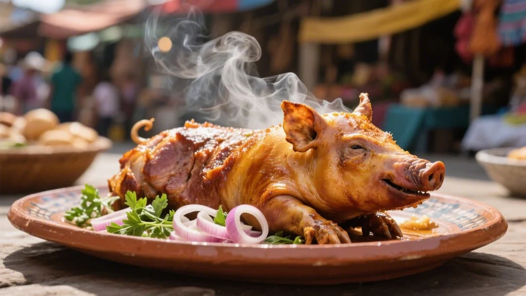Lechón cusqueño al horno crujiente servido en plato tradicional