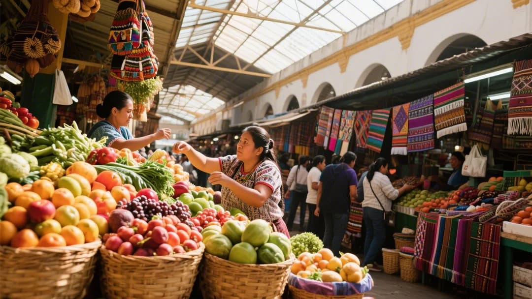 Ambiente colorido y animado del Mercado San Pedro en Cusco
